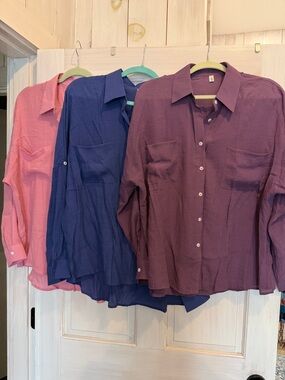 Amazon Women's Button-Up Blouse Trio - Pink, Purple, Blue